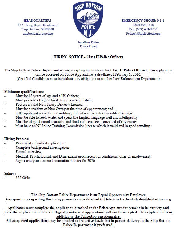 Ship Bottom Police Department, NJ Police Jobs