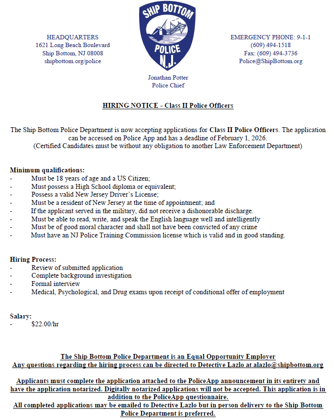 Ship Bottom Police Department, NJ Police Jobs