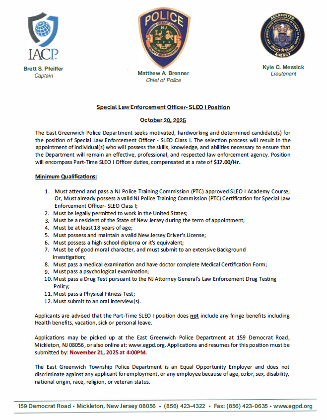 East Greenwich Township Police Department, NJ Police Jobs