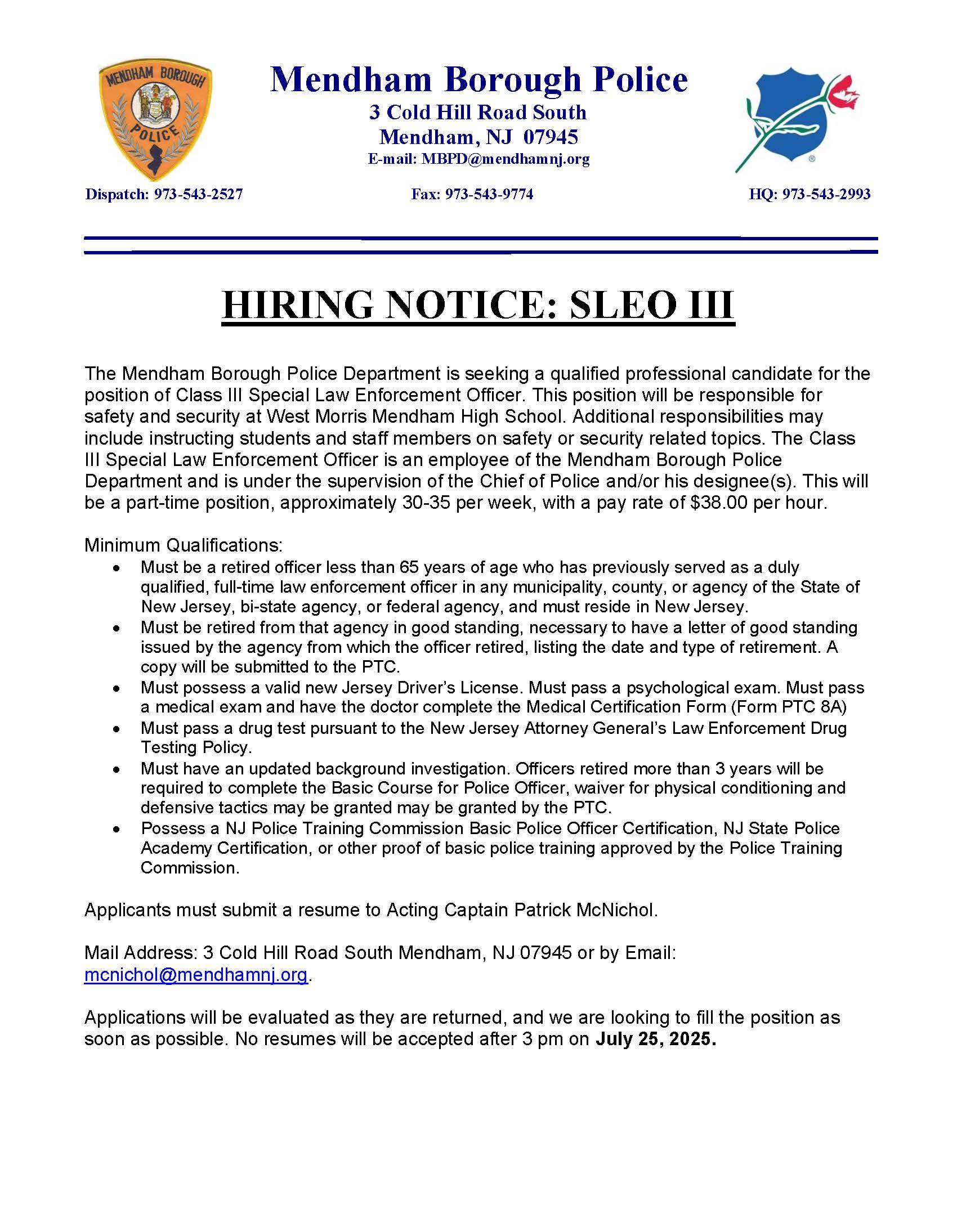 Mendham Borough Police Department , NJ Police Jobs