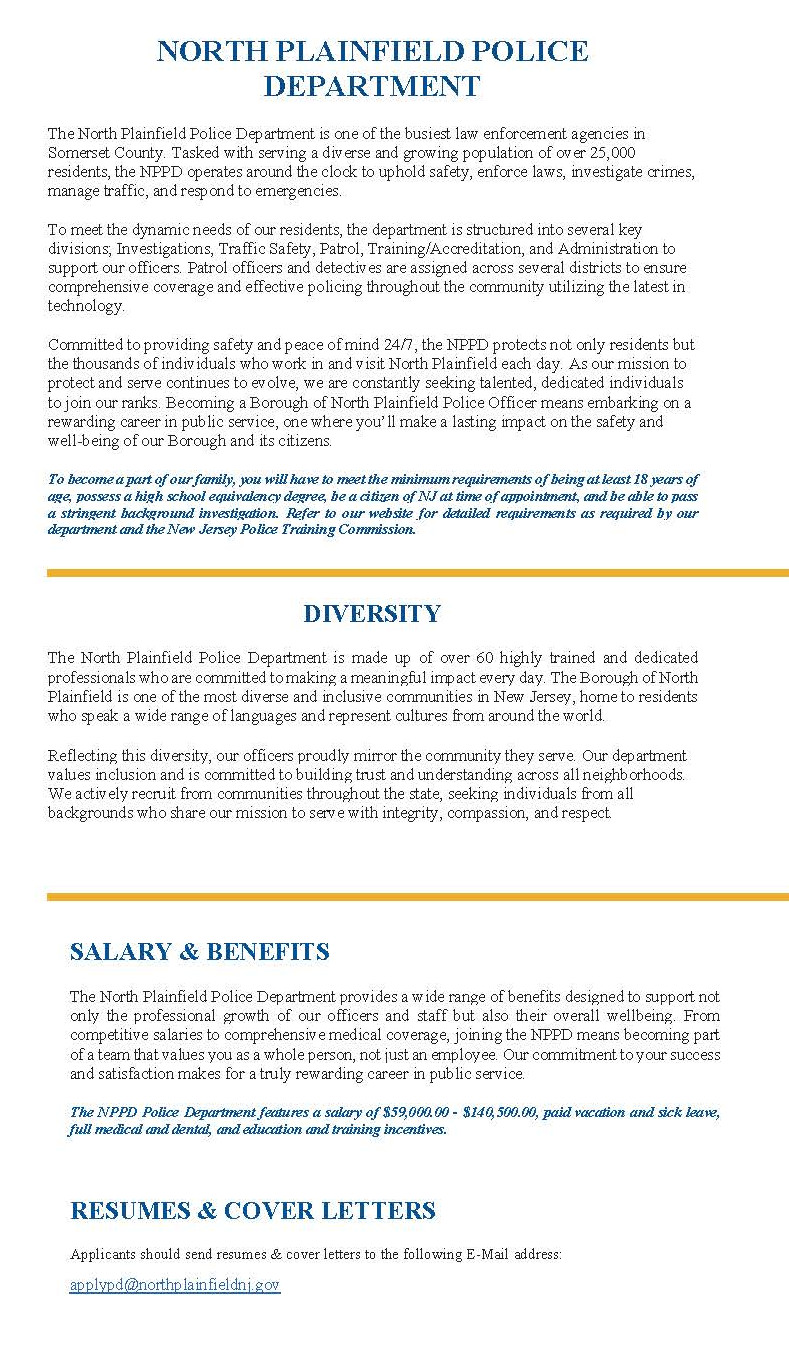 North Plainfield Police Department, NJ Police Jobs