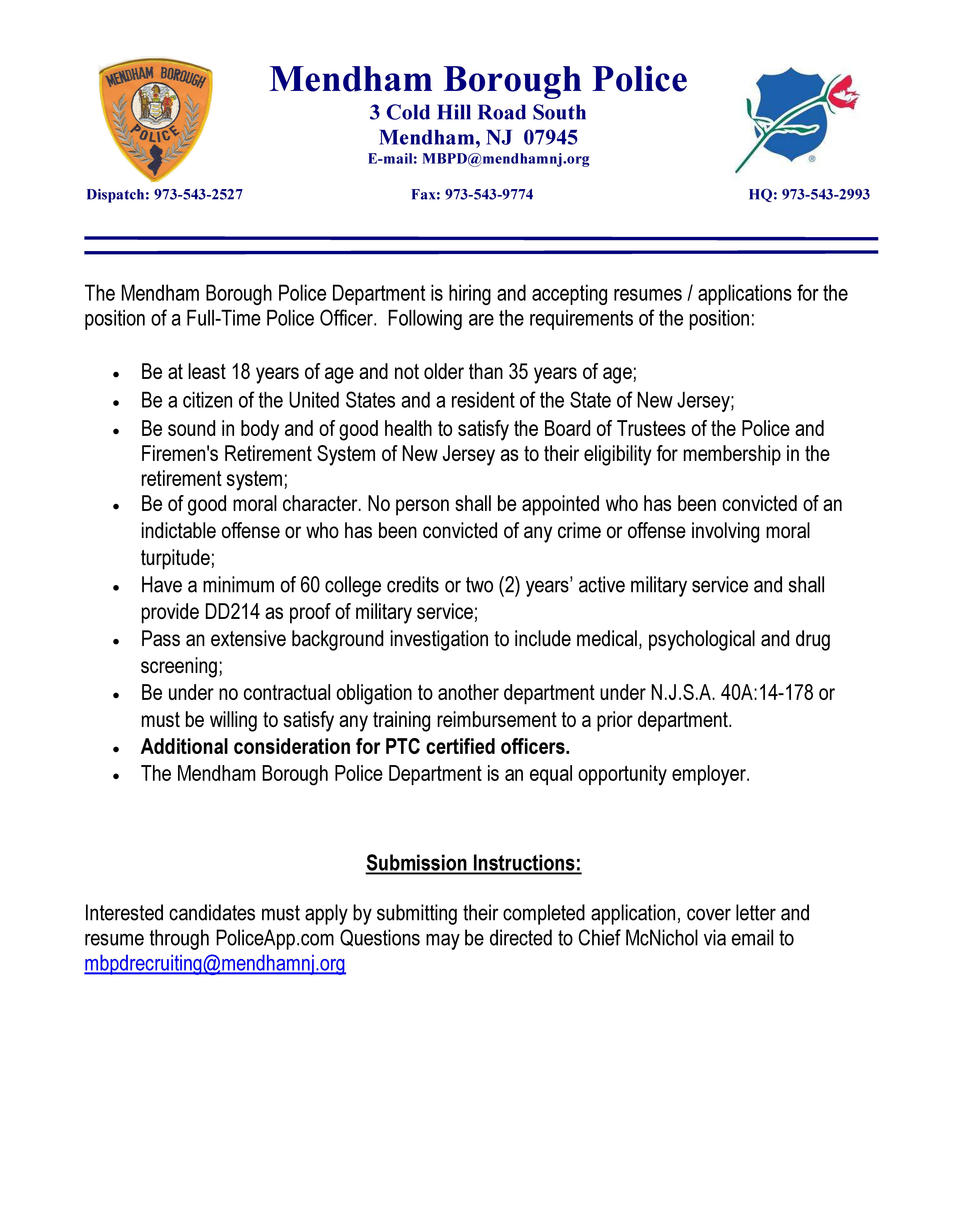 Mendham Borough Police Department, NJ Police Jobs
