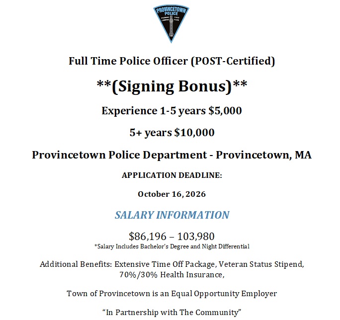Provincetown Police Department, MA Police Jobs