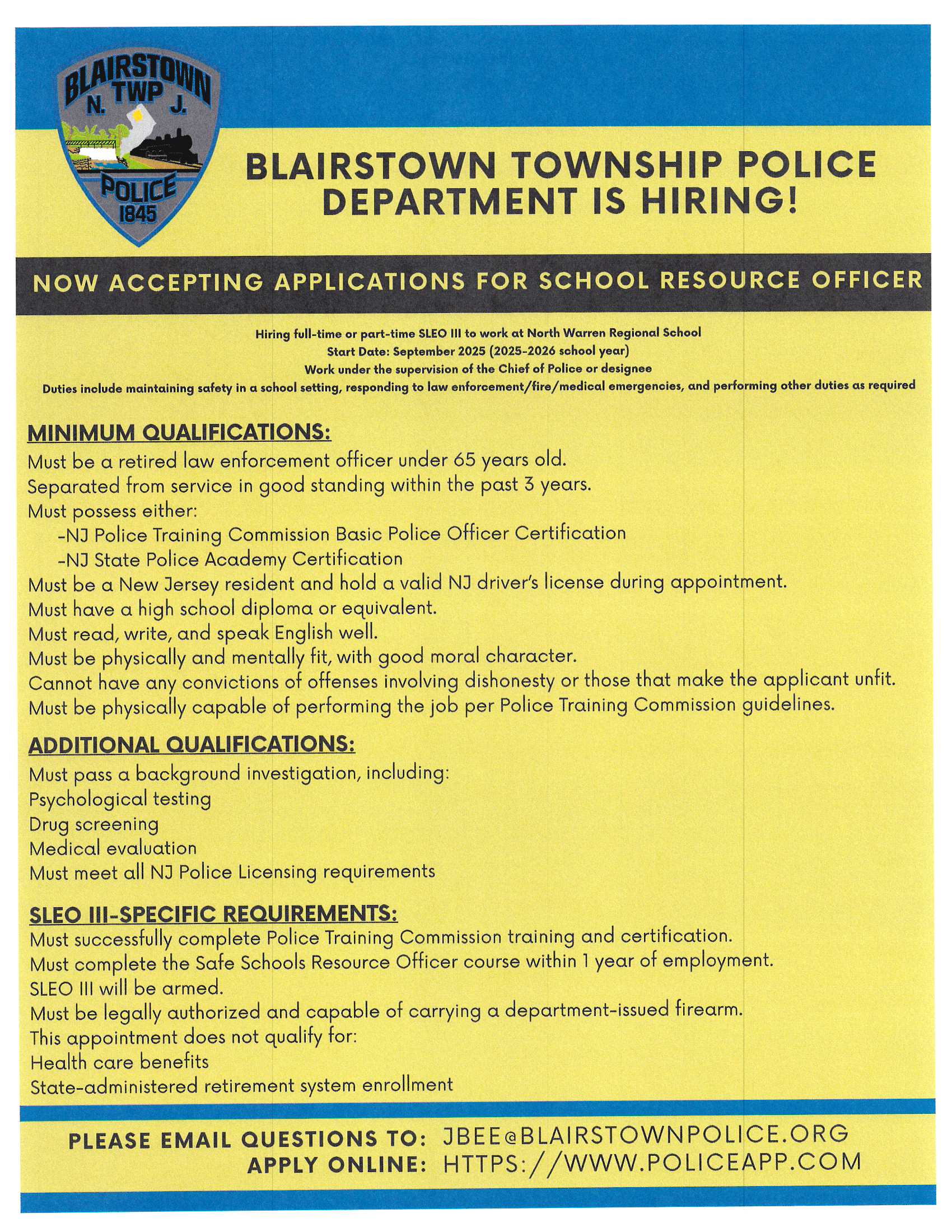 Blairstown Police Department, NJ Police Jobs
