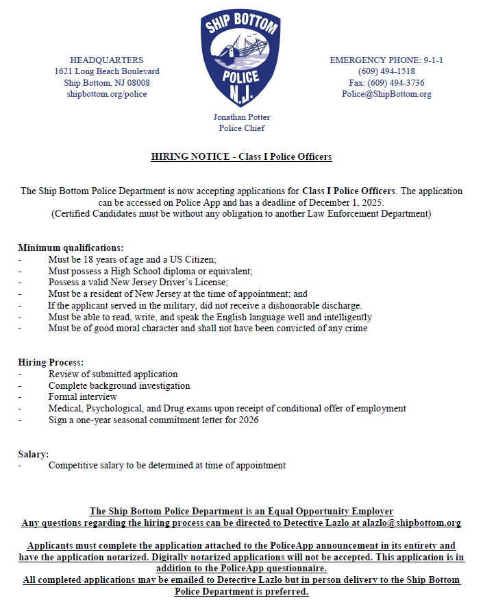 Ship Bottom Police Department, NJ Police Jobs