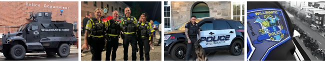 police truck, a photo of 4 officers, a K-9 officer with his dog, and a Willimantic patch
