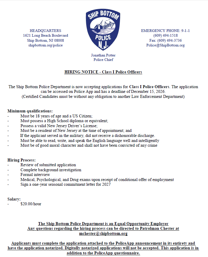 Ship Bottom Police Department, NJ Police Jobs