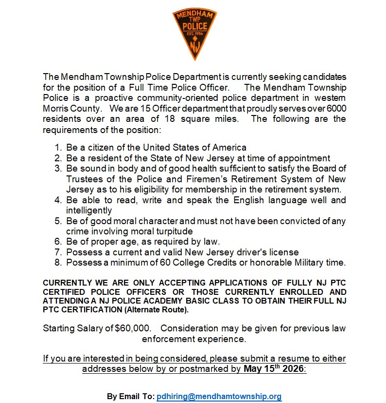 Mendham Township Police Department, NJ Police Jobs