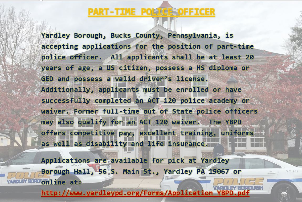 Yardley Borough Police, PA Police Jobs Entry Level, Part Time PoliceApp
