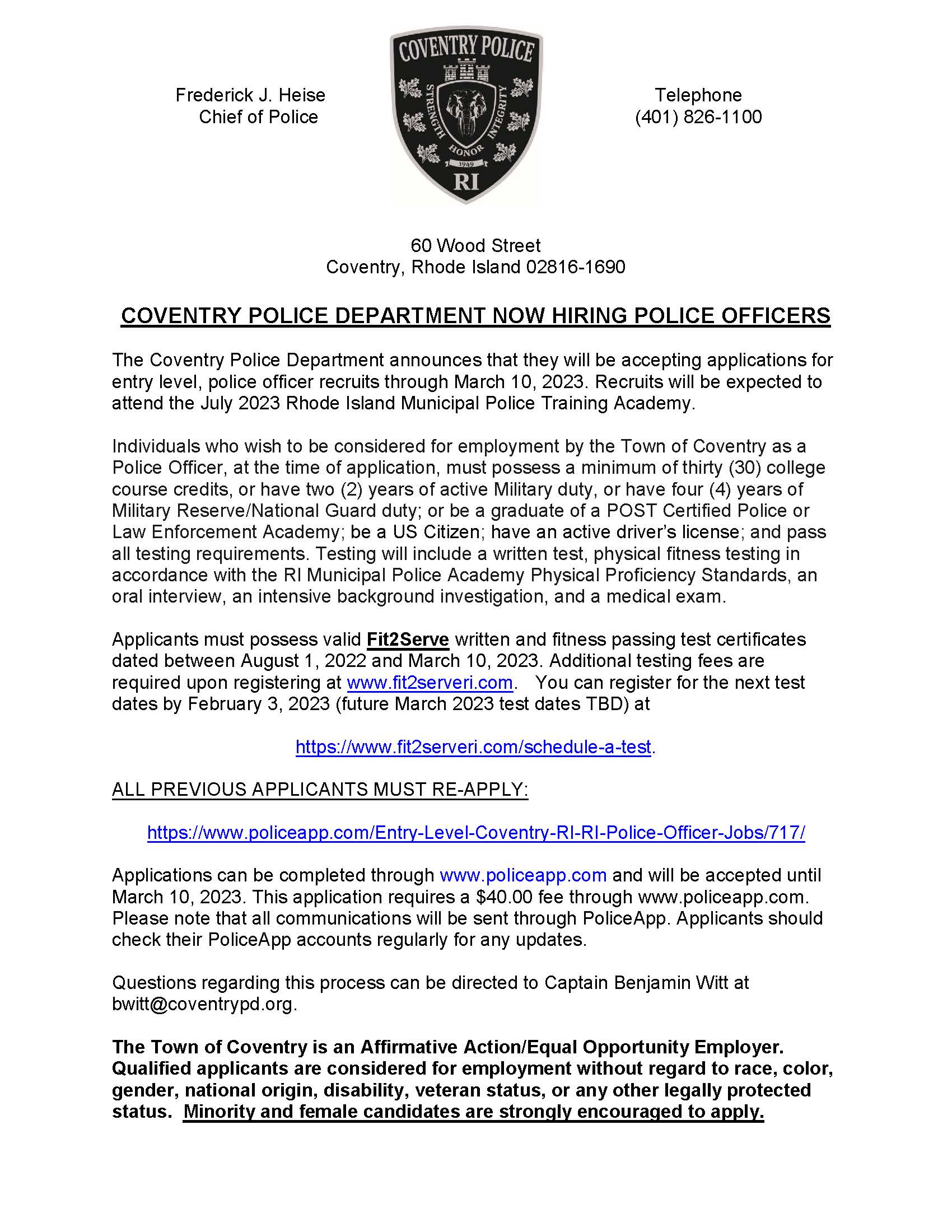 Coventry RI Police Department, RI Police Jobs
